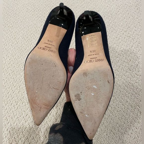 EUC Jimmy Choo Navy Blue/Black Fabric and Patent Leather Romy Pumps Sz. 36.5 - Picture 2 of 5